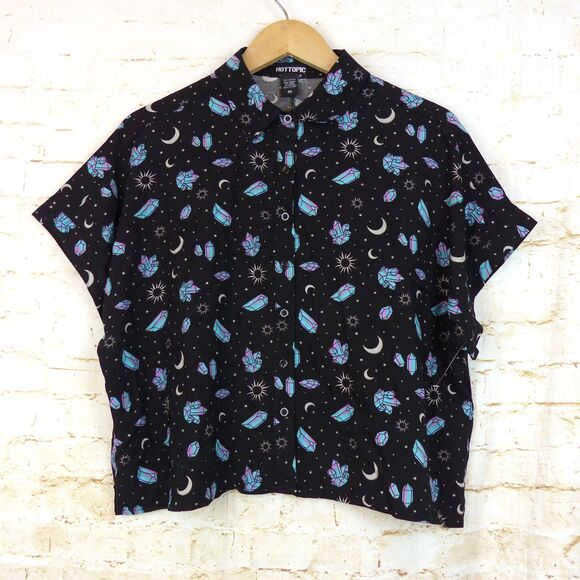 Hot Topic Shirt Womens M Black Pastel Crystals Celestial Crop Button Up Goth - Picture 4 of 13